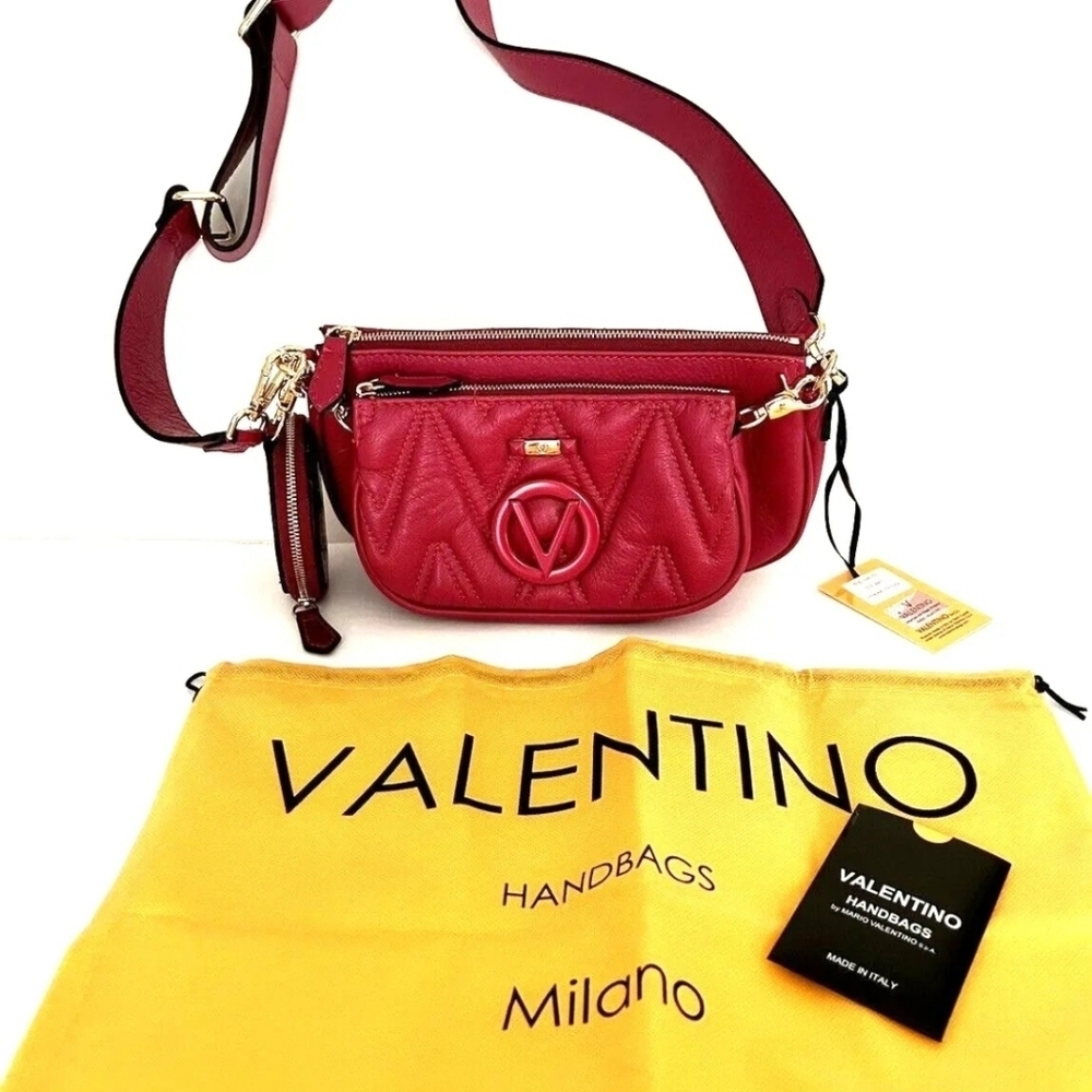 ❤️▪️ Mario Valentino 3- in-1 quilted leather red shoulder bag and pouch set $895